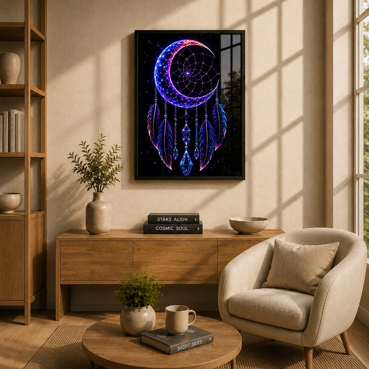 Crescent Moon Celestial Dreamcatcher – Mystical Crystals & Neon Galactic Wall Art Blockout Print