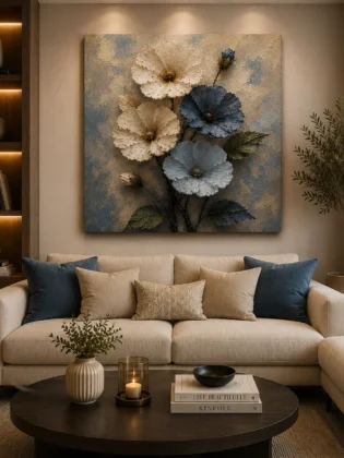 Coastal Slate Blue Canvas Print – Serene Ice Blue and Ivory Flower Art