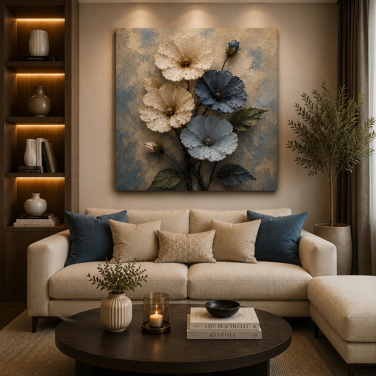 Coastal Slate Blue Canvas Print – Serene Ice Blue and Ivory Flower Art