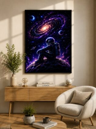 Cosmic Solitude Astronaut – Swirling Spiral Galaxy Neon Space Wall Art Blockout Print