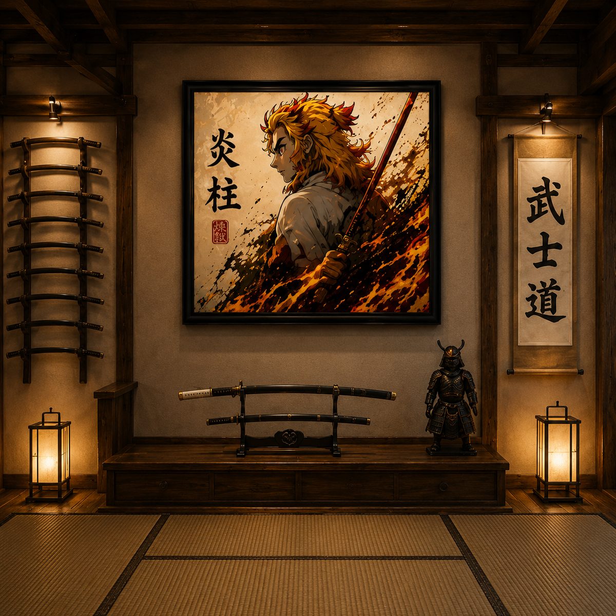 Demon Slayer Rengoku Anime Wall Art – Flame Hashira Japanese Kanji Canvas Print - Image 3