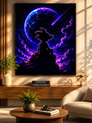 Cosmic Saiyan Solitude – Mystical Planet & Shooting Star Neon Anime Wall Art Blockout Print
