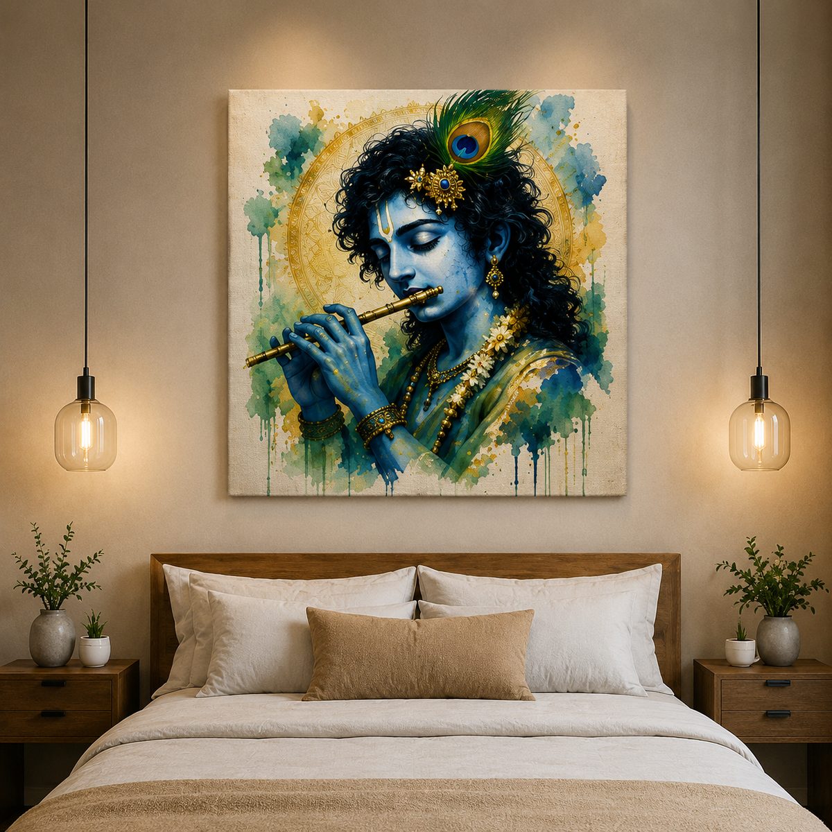Sound of the Infinite – Lord Krishna Flute Watercolor Art - Image 2