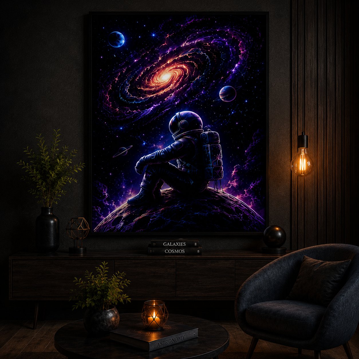 Cosmic Solitude Astronaut – Swirling Spiral Galaxy Neon Space Wall Art Blockout Print - Image 2