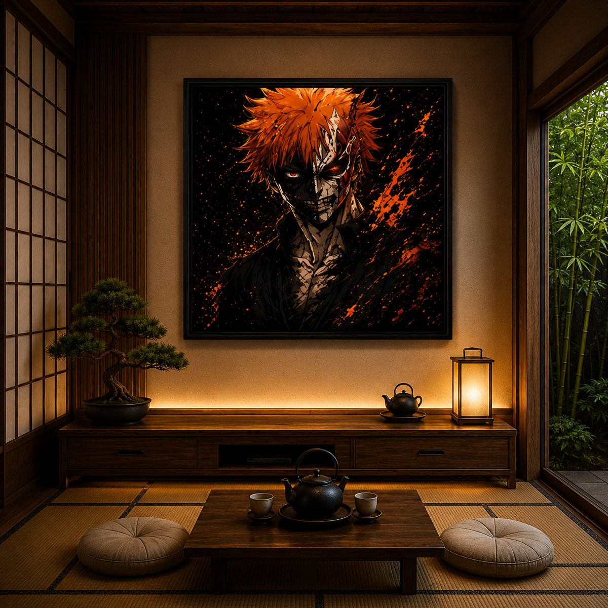 Bleach Ichigo Kurosaki Anime Wall Art – Half Hollow Mask Orange Splatter Canvas Print