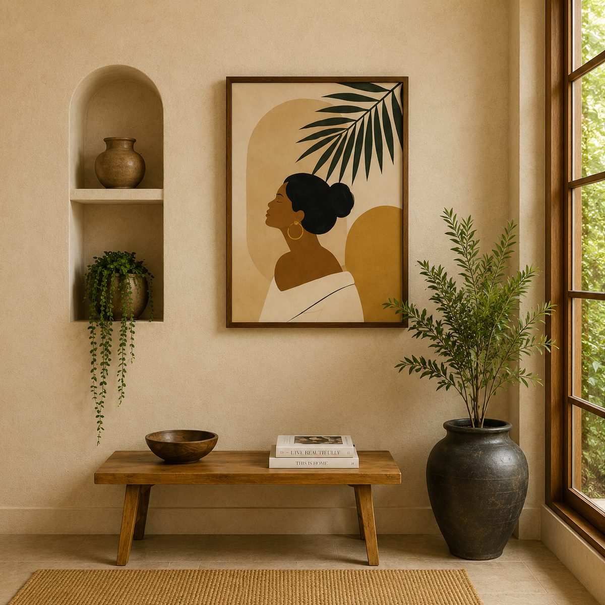 Minimalist Female Portrait & Palm Leaf Canvas Art – Organic Modern Boho Woman Print - Image 4