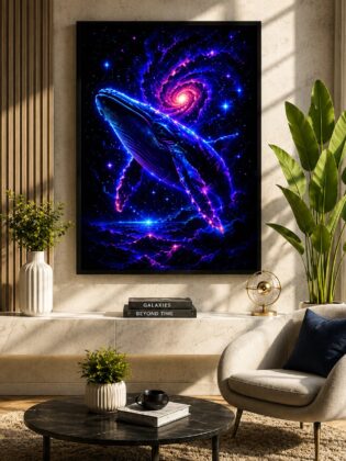 Celestial Humpback Whale – Swirling Galaxy Neon Cosmic Ocean Wall Art Blockout Print