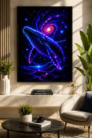 Celestial Humpback Whale – Swirling Galaxy Neon Cosmic Ocean Wall Art Blockout Print