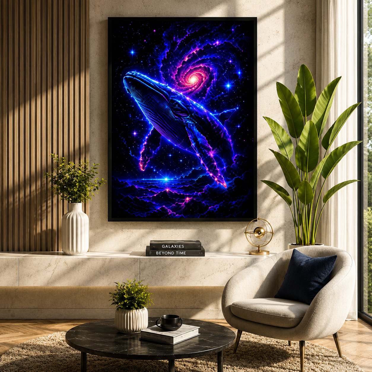 Celestial Humpback Whale – Swirling Galaxy Neon Cosmic Ocean Wall Art Blockout Print