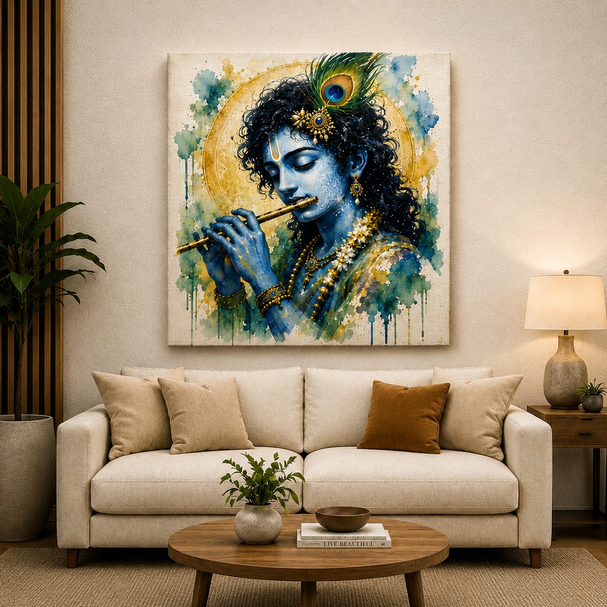 Sound of the Infinite – Lord Krishna Flute Watercolor Art