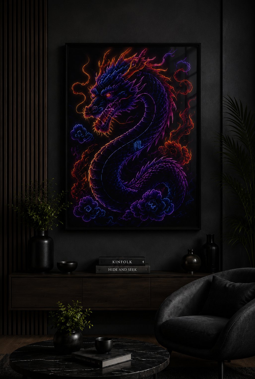 Imperial Neon Celestial Dragon – Mythical Eastern Beast Wall Art Blockout Print - Image 2