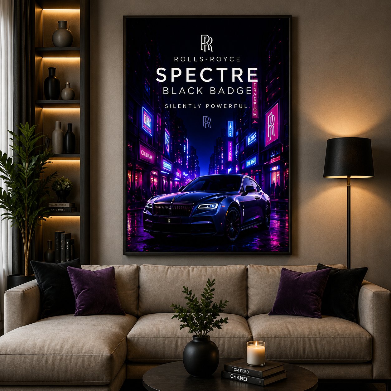 Rolls-Royce Spectre Black Badge Canvas Poster – Silently Powerful Luxury EV Tokyo Cyberpunk Wall Art