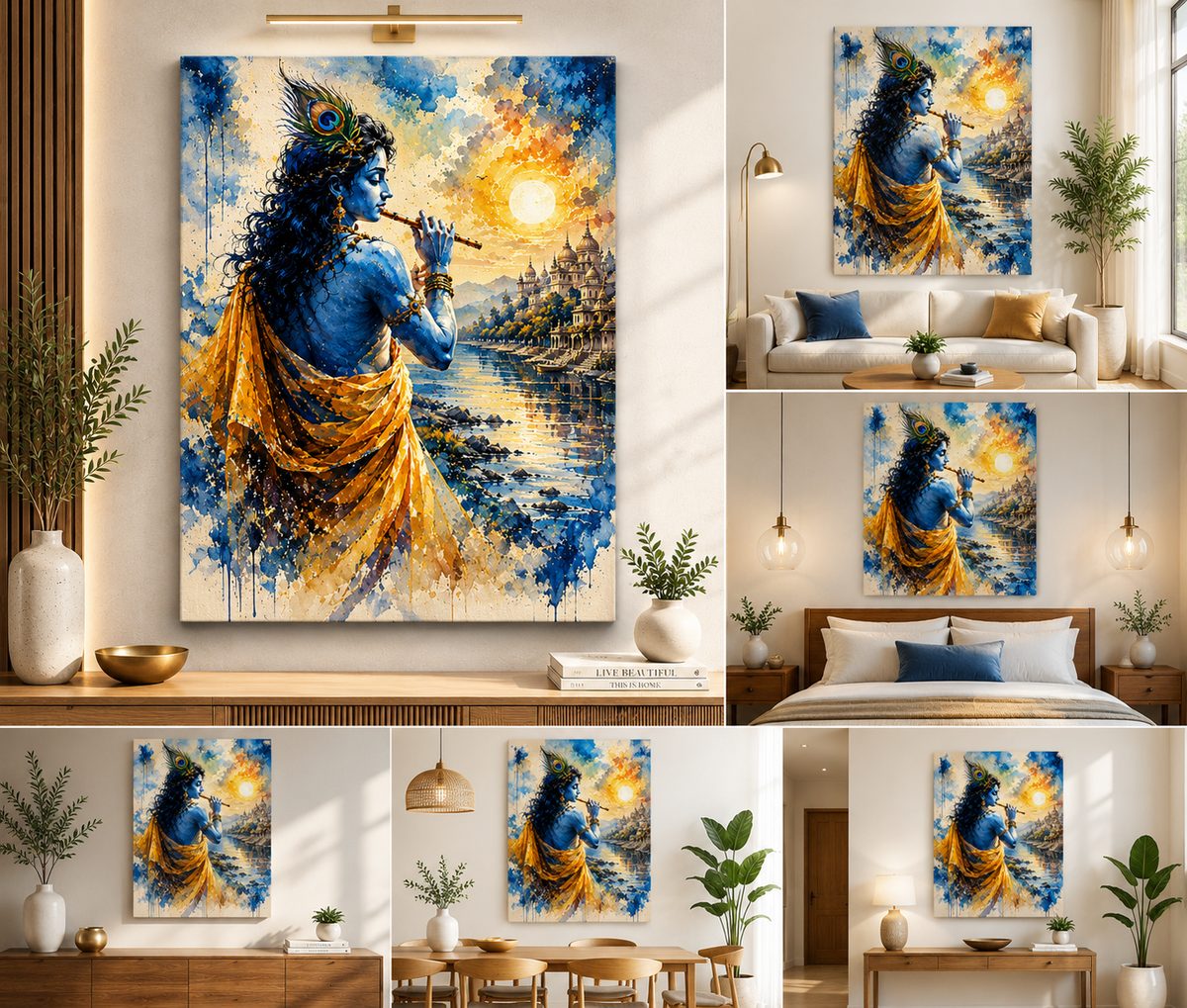 The Divine Flutist – Lord Krishna at Vrindavan Sunset Watercolor Art - Image 2