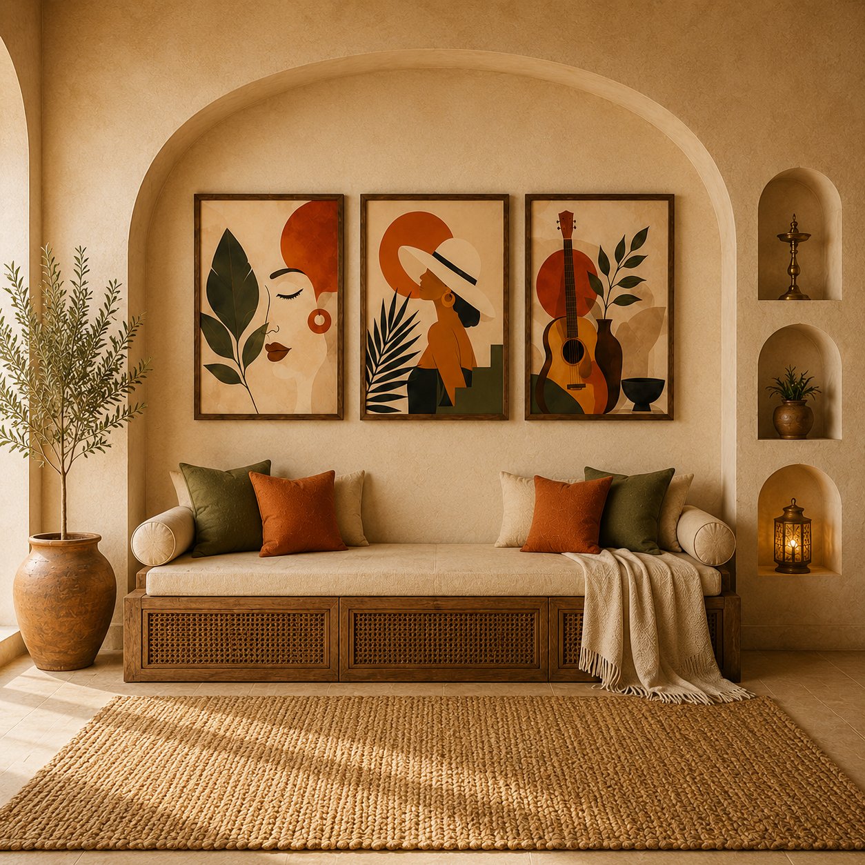 Abstract Acoustic Guitar & Woman Silhouette Canvas Art – Organic Modern Triptych Print Set - Image 2