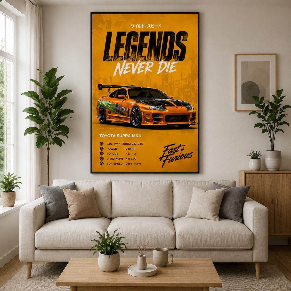 Toyota Supra MK4 JDM Wall Art – Fast & Furious Orange Legends Never Die Canvas