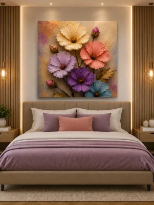 Pastel Dream 3D Floral Canvas Print – Heavy Impasto Palette Knife Wildflower Art