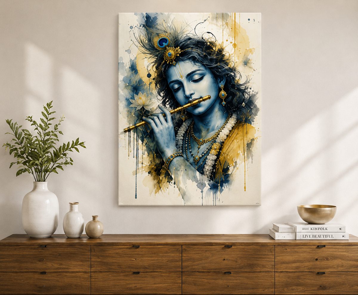Krishna’s Divine Melody – Elegant Watercolor Canvas Art - Image 2