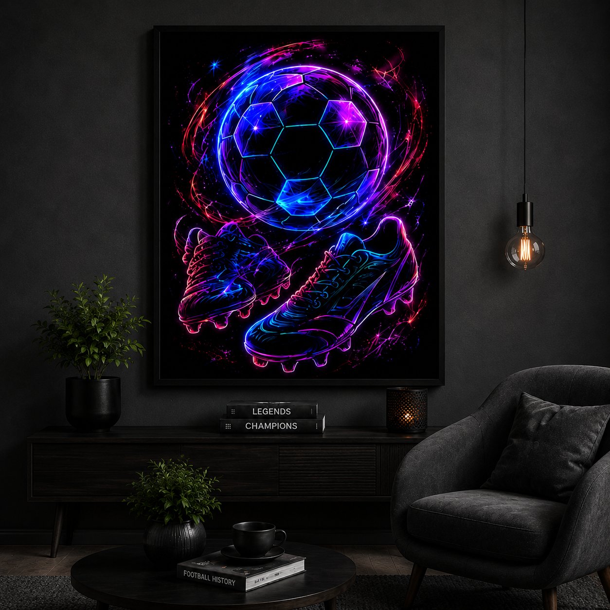 Electric Soccer Synergy – Neon Football and Cleats Athletic Wall Art Blockout Print - Image 3