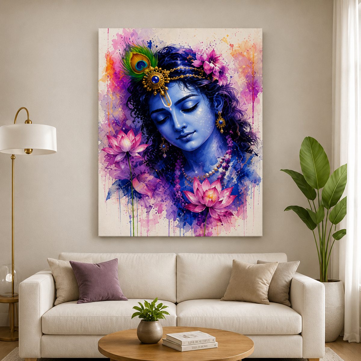 The Blossoming of Grace – Krishna Watercolor Portrait