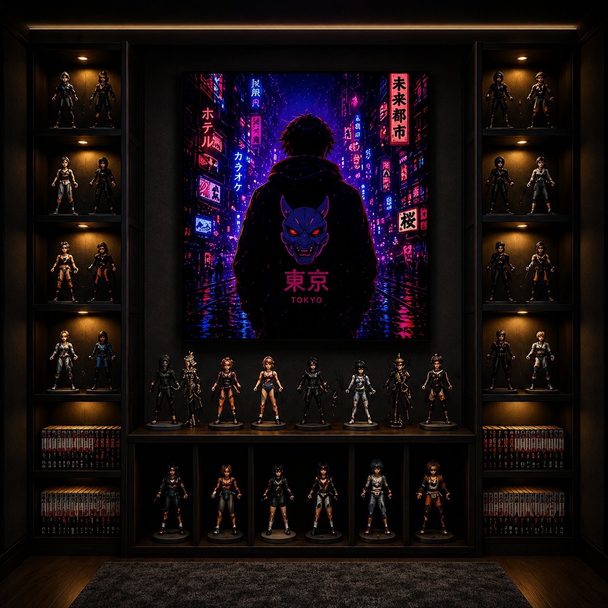 Cyberpunk Tokyo Street Wall Art – Oni Mask Neon City Canvas Print - Image 2