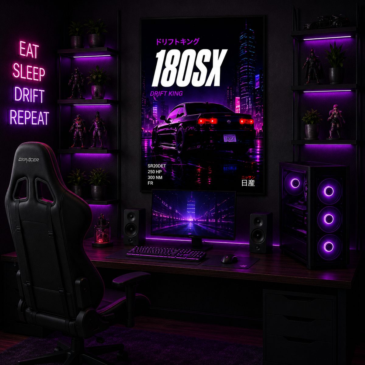 Nissan 180SX JDM Car Wall Art – Cyberpunk Neon Purple Drift King Canvas Print - Image 6
