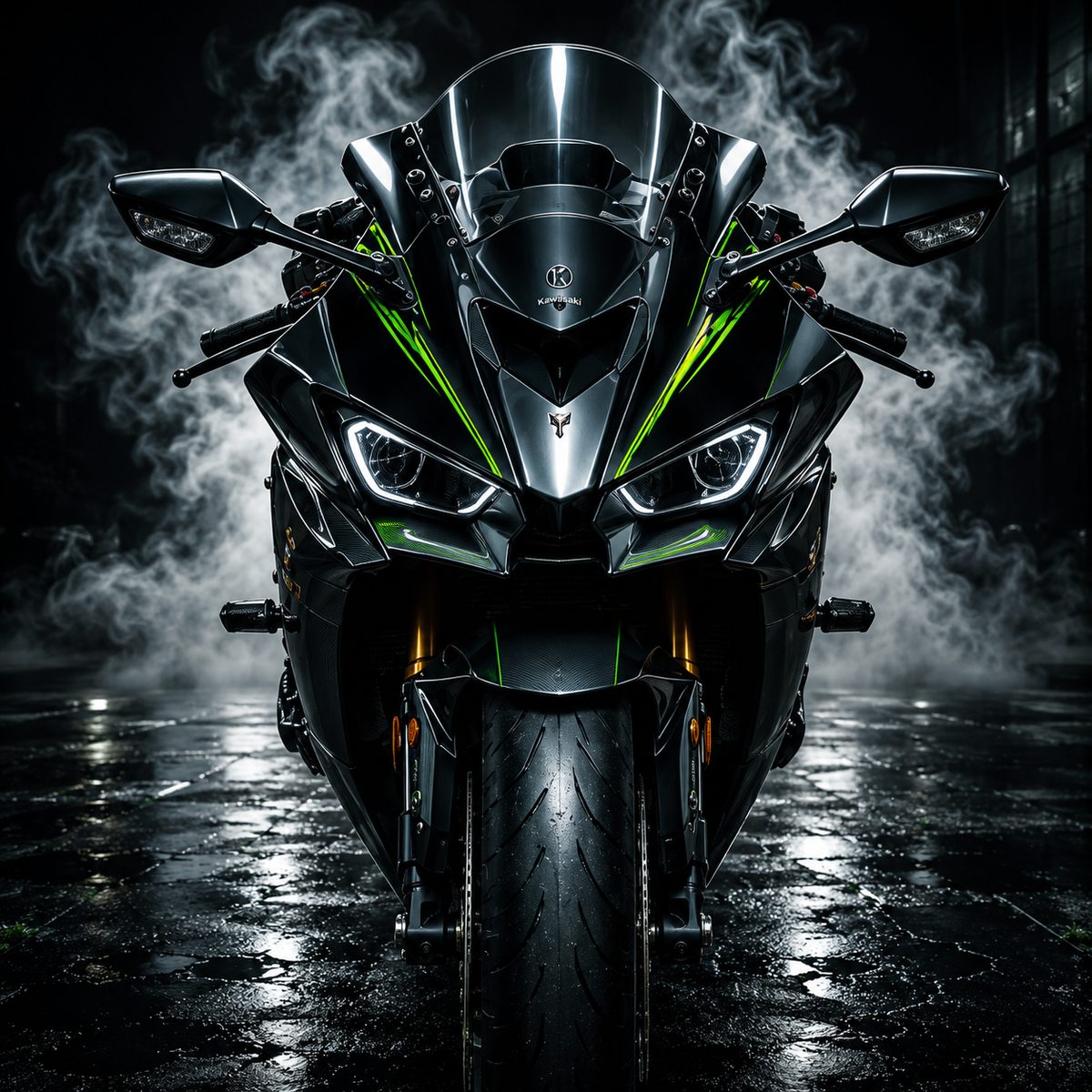 Kawasaki Ninja ZX-10R Motorcycle Wall Art – Front View Cyberpunk Smoke Canvas Print - Image 2