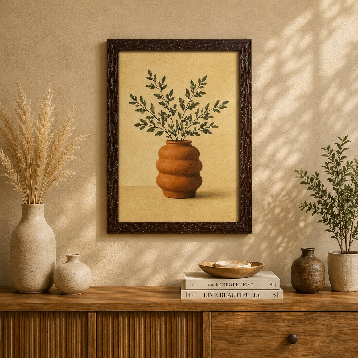 Minimalist Terracotta Ribbed Vase & Olive Branch Canvas Art – Organic Modern Botanical Print - Image 3