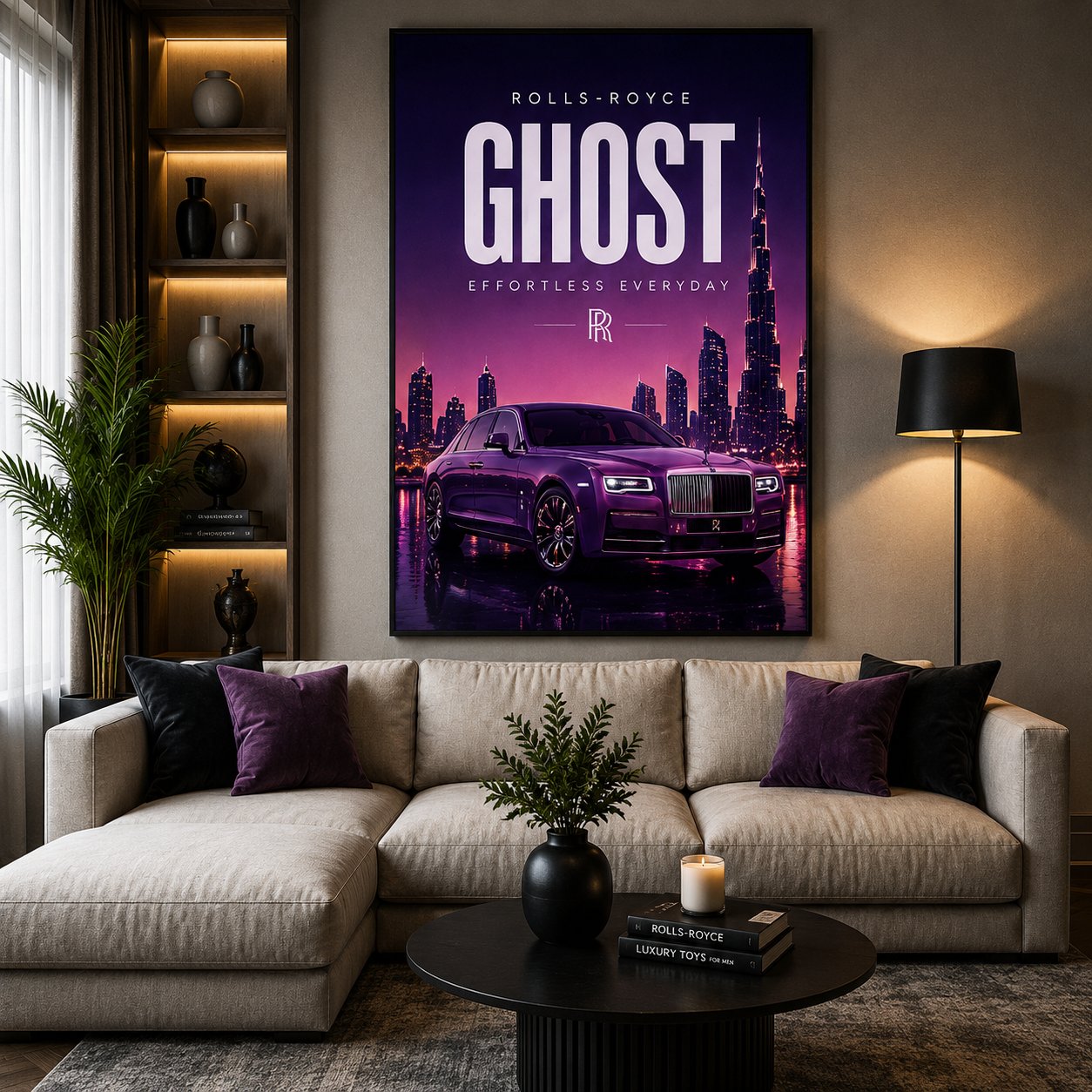 Rolls-Royce Ghost Canvas Poster – Effortless Everyday Luxury Sedan Dubai Skyline Wall Art