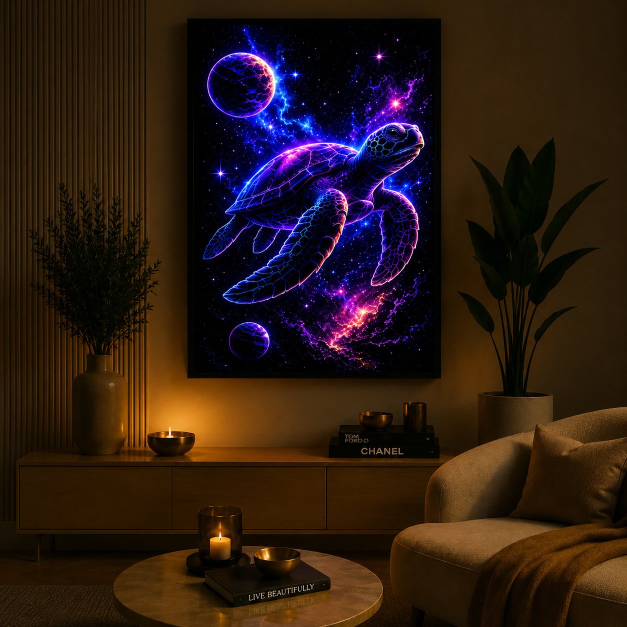 Cosmic Sea Turtle Voyage – Mystical Galactic Ocean Neon Wall Art Blockout Print - Image 2