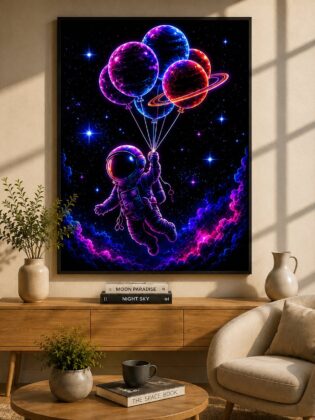 Cosmic Drift Astronaut – Whimsical Planet Balloons Neon Space Wall Art Blockout Print