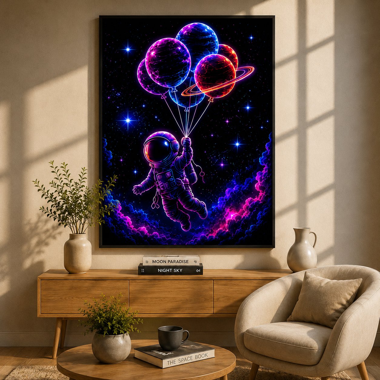 Cosmic Drift Astronaut – Whimsical Planet Balloons Neon Space Wall Art Blockout Print