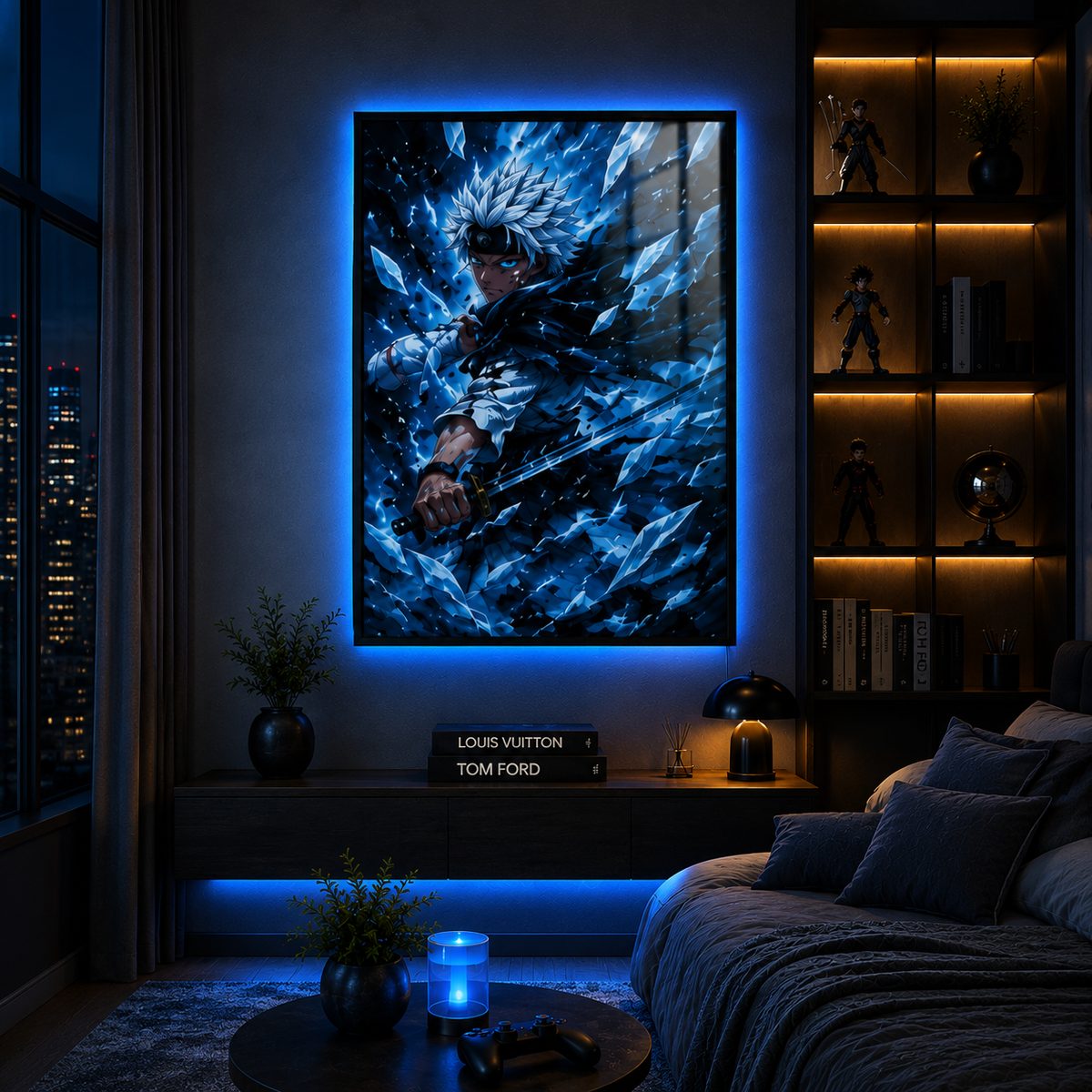 Glacial Shards Unleashed – Neon Ice Dragon Captain Anime Wall Art Blockout Print - Image 3
