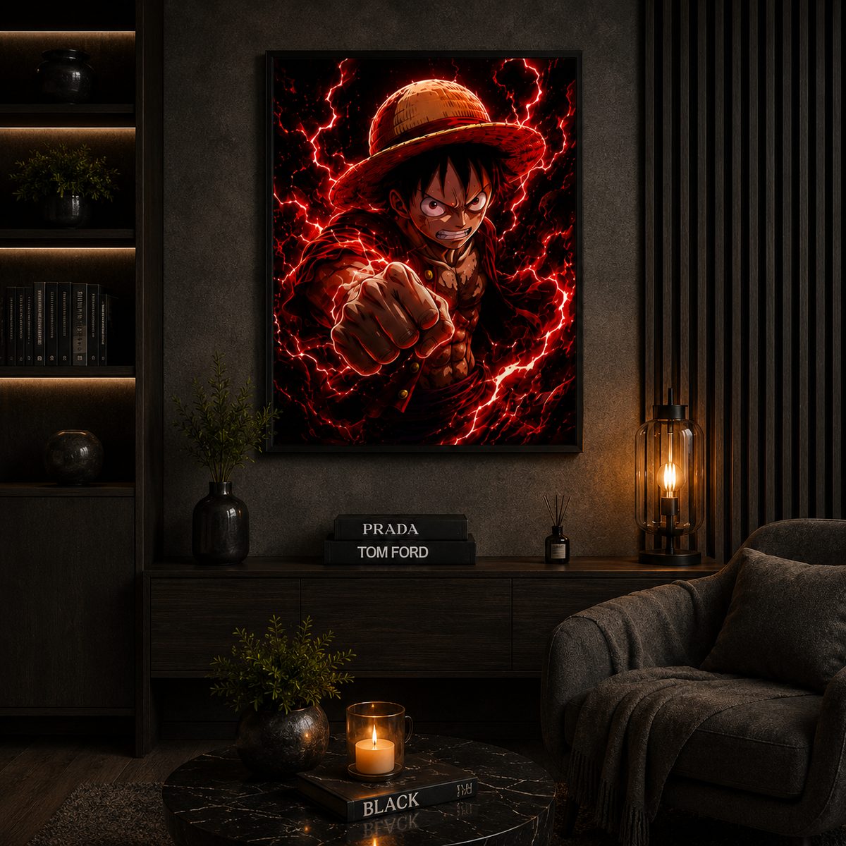 King of the Seas Haki – Crimson Lightning Pirate Captain Anime Wall Art Blockout Print - Image 3