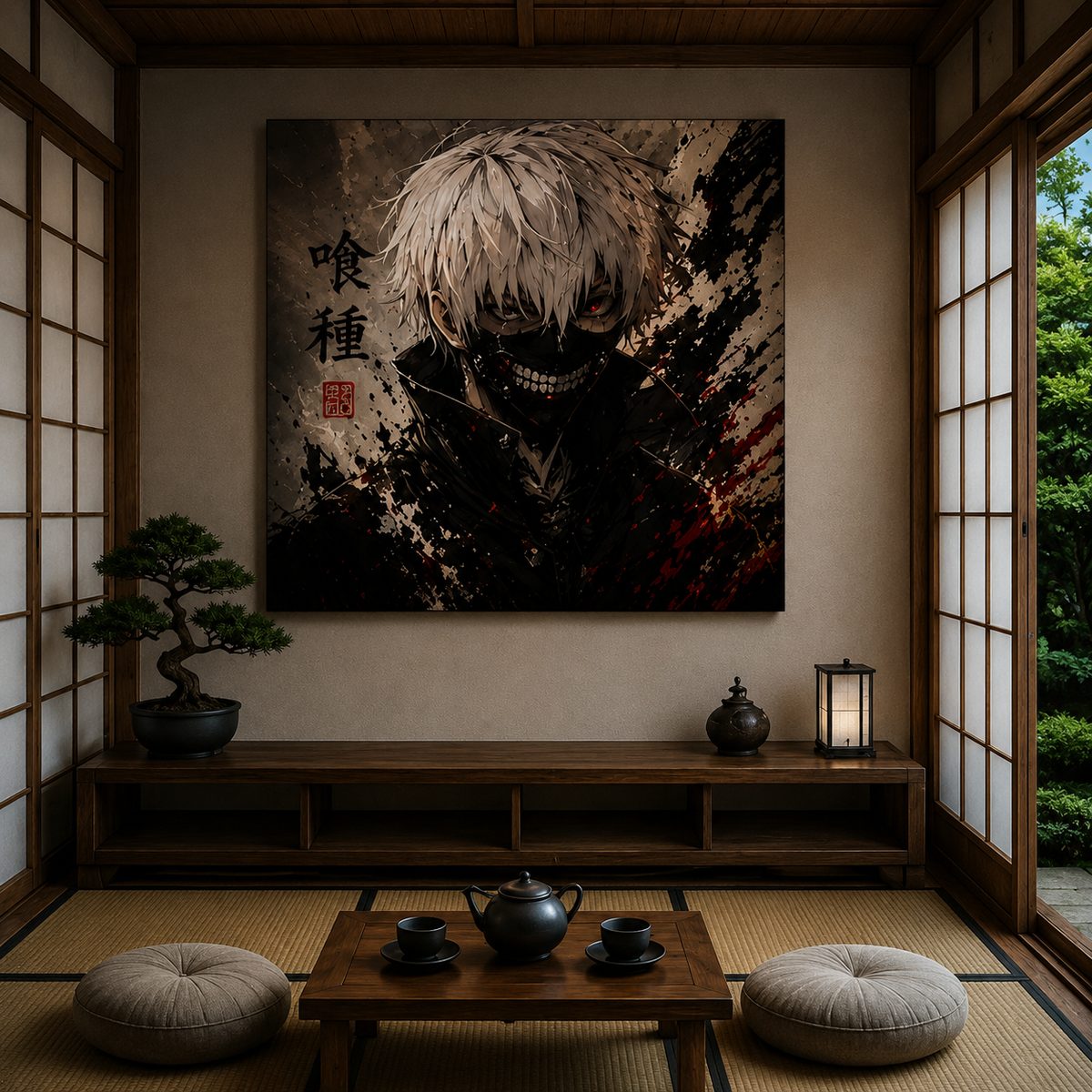 Tokyo Ghoul Ken Kaneki Wall Art – White Hair Ghoul Mask Ink Splatter Canvas Print