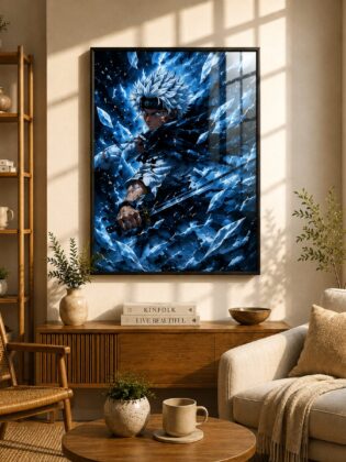 Glacial Shards Unleashed – Neon Ice Dragon Captain Anime Wall Art Blockout Print