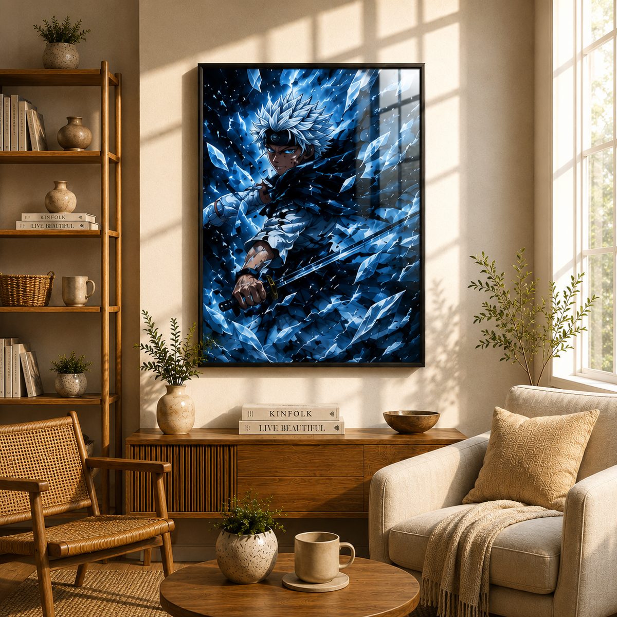 Glacial Shards Unleashed – Neon Ice Dragon Captain Anime Wall Art Blockout Print