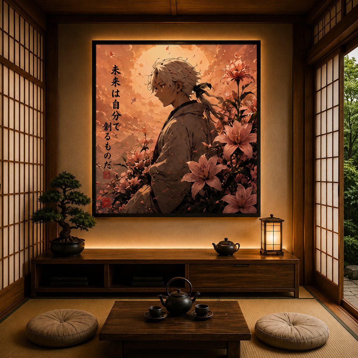 Japanese Samurai Anime Wall Art – Pastel Pink Lily Mountain Canvas Print - Image 5