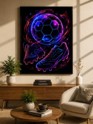Electric Soccer Synergy – Neon Football and Cleats Athletic Wall Art Blockout Print