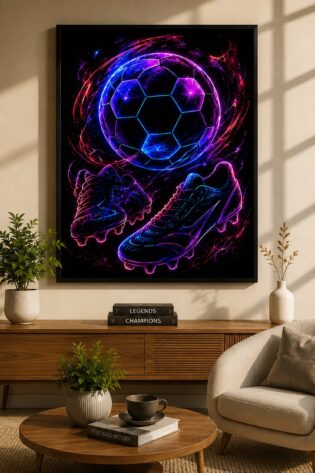 Electric Soccer Synergy – Neon Football and Cleats Athletic Wall Art Blockout Print