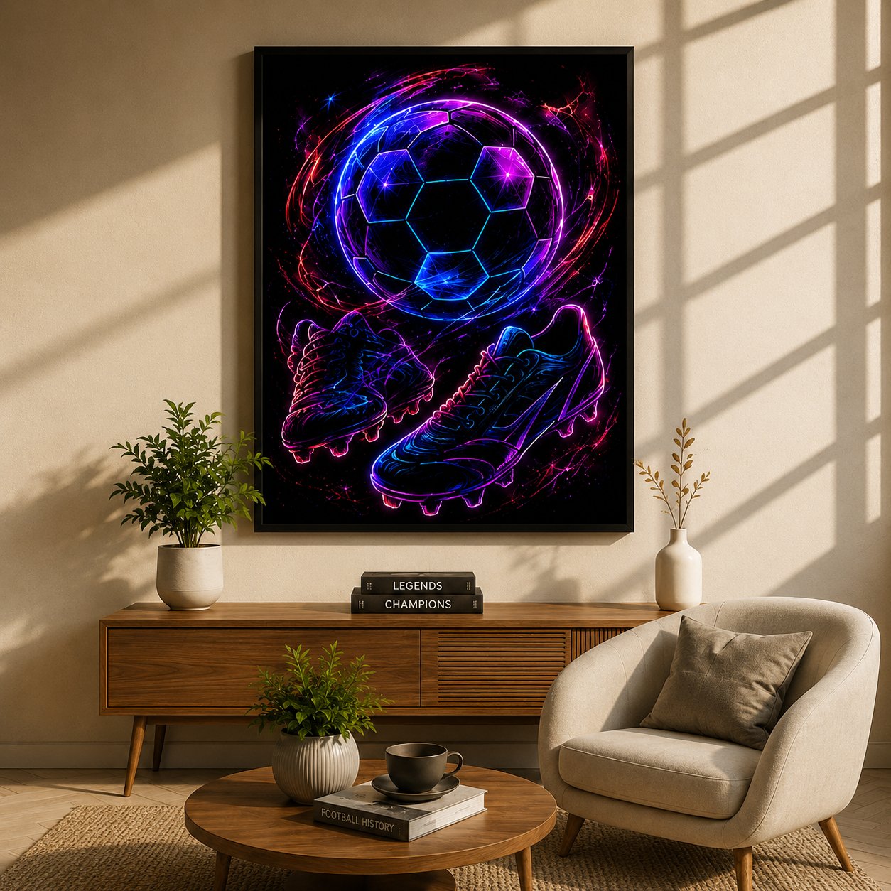 Electric Soccer Synergy – Neon Football and Cleats Athletic Wall Art Blockout Print