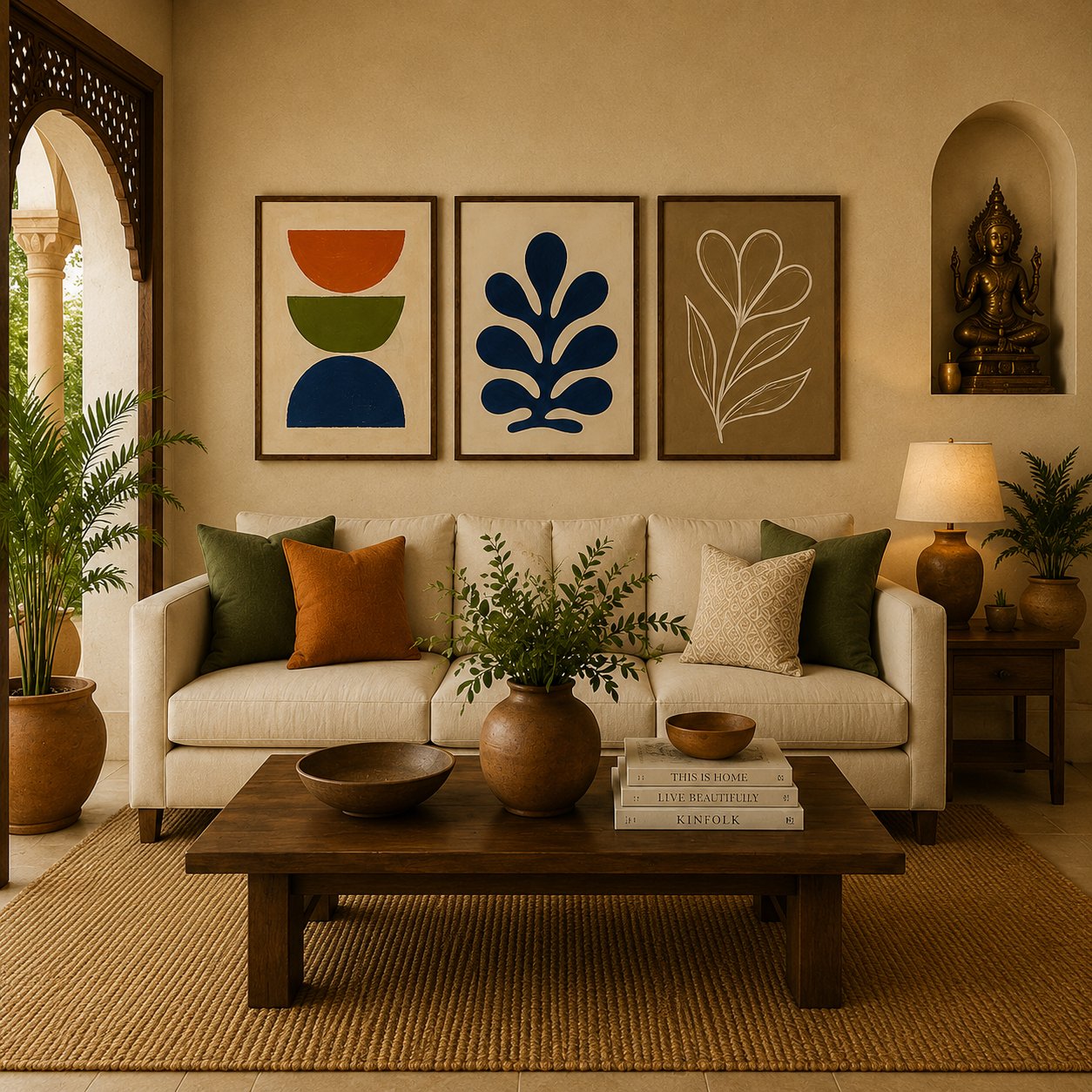 Minimalist Abstract Shapes & Matisse Leaf Canvas Art – Organic Modern Triptych Print Set - Image 4