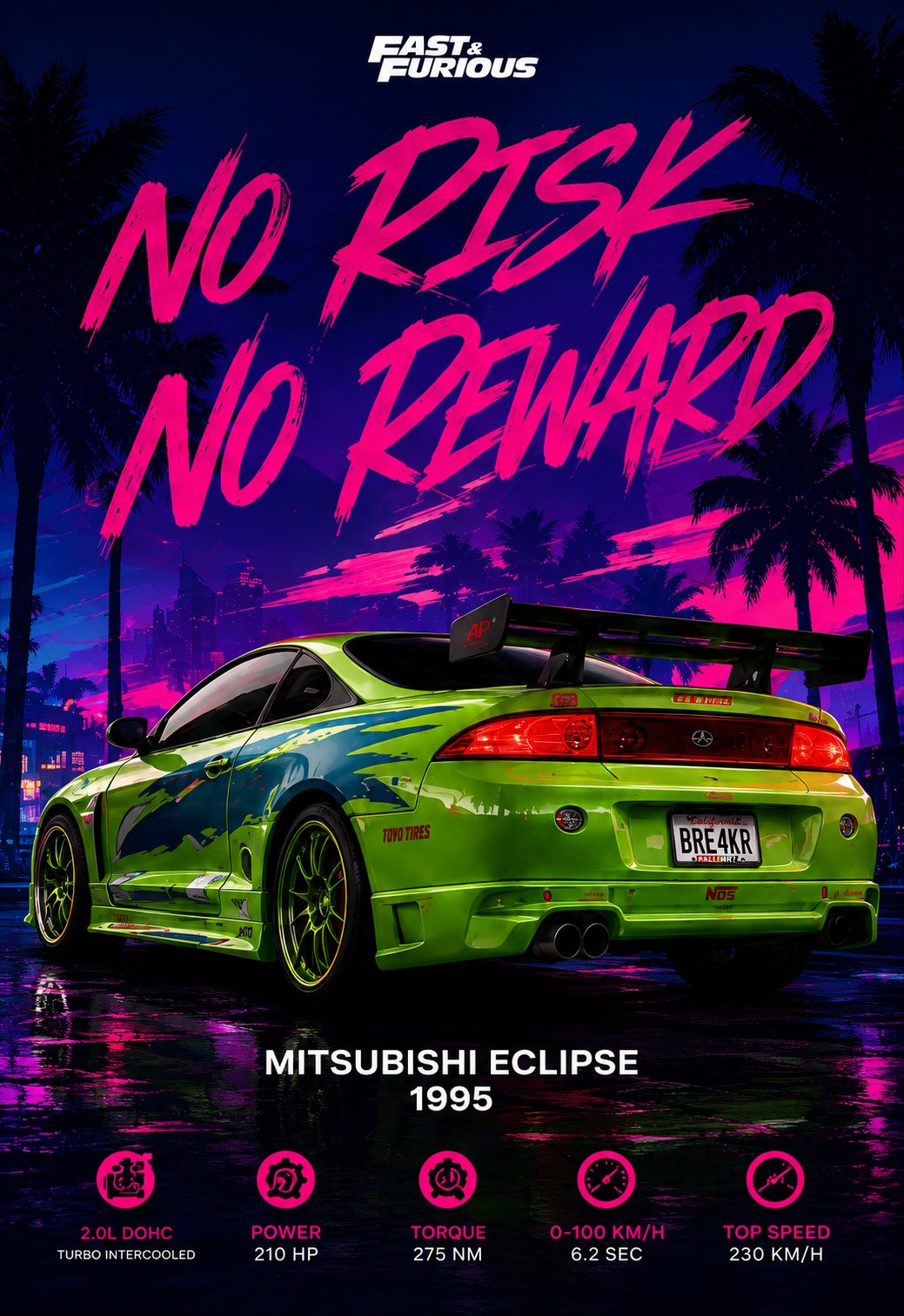 JDM Mitsubishi Eclipse 1995 Canvas Poster – No Risk No Reward Fast & Furious Street Racing Wall Art - Image 4