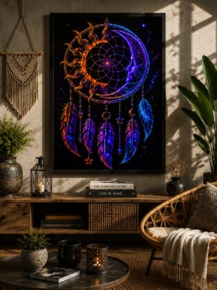 Celestial Sun and Moon Dreamcatcher – Neon Cosmic Day & Night Wall Art Blockout Print