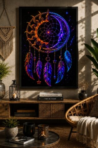 Celestial Sun and Moon Dreamcatcher – Neon Cosmic Day & Night Wall Art Blockout Print