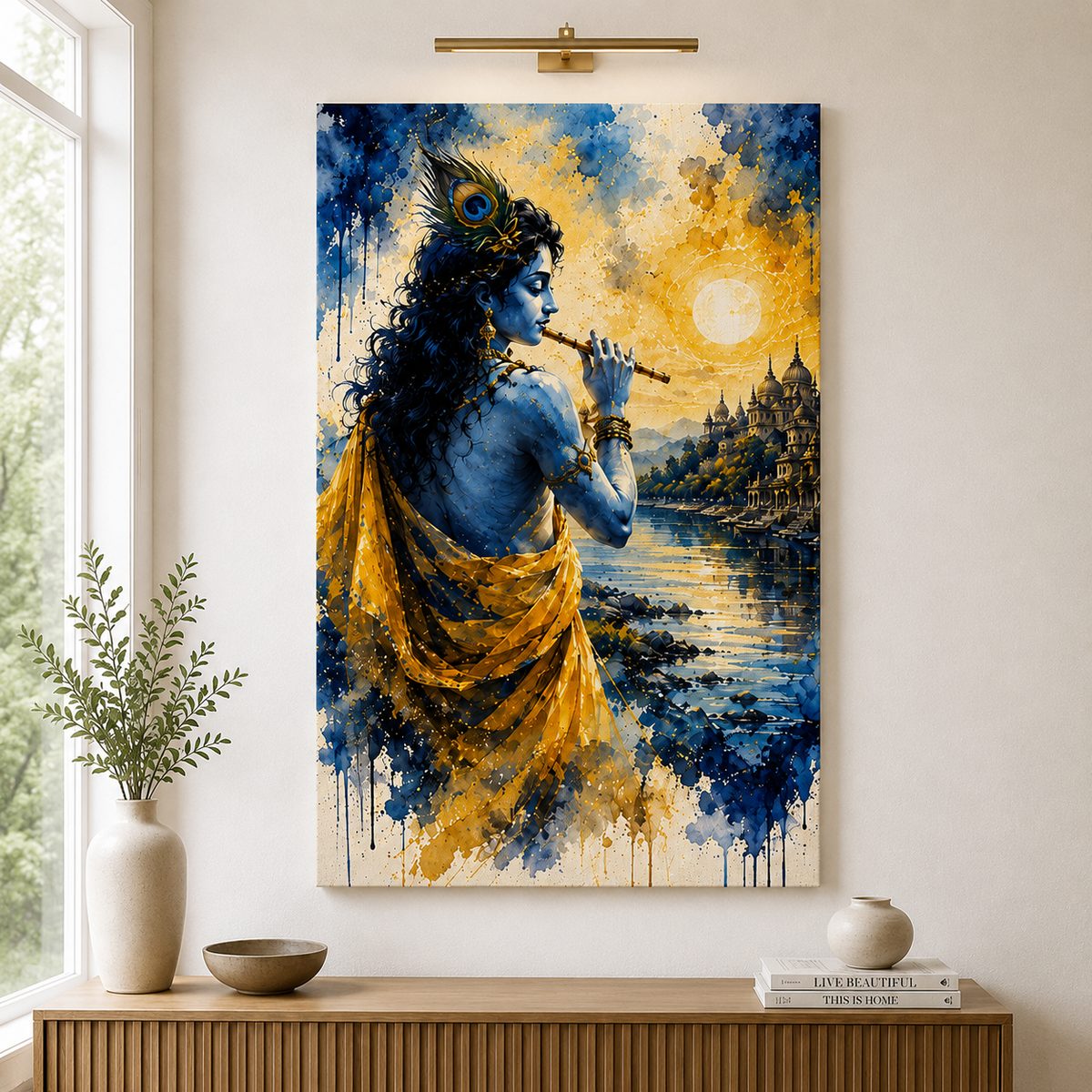 The Divine Flutist – Lord Krishna at Vrindavan Sunset Watercolor Art