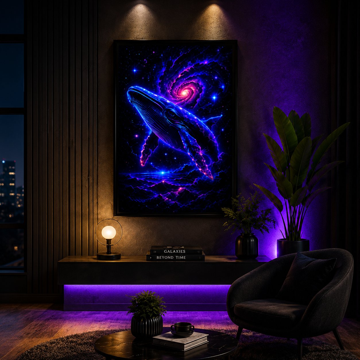 Celestial Humpback Whale – Swirling Galaxy Neon Cosmic Ocean Wall Art Blockout Print - Image 3