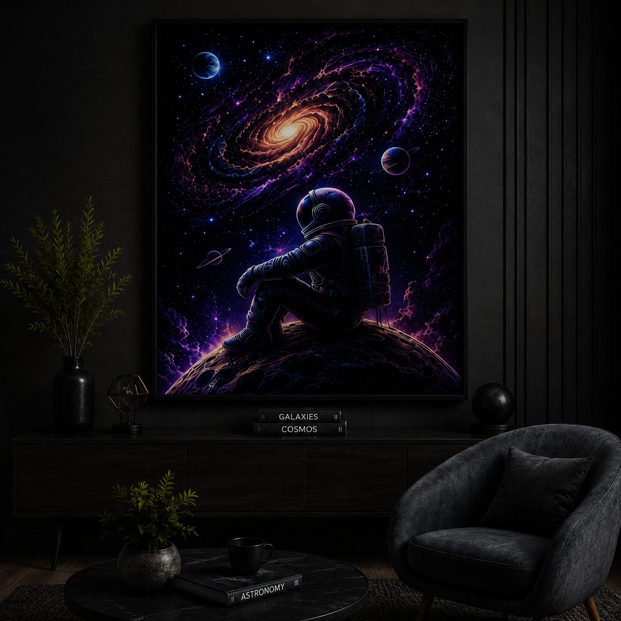 Cosmic Solitude Astronaut – Swirling Spiral Galaxy Neon Space Wall Art Blockout Print - Image 3