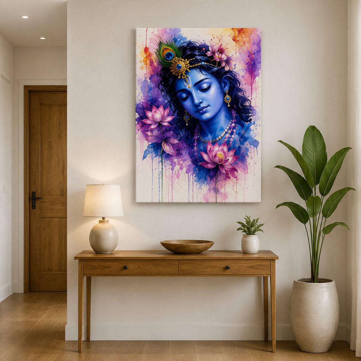 The Blossoming of Grace – Krishna Watercolor Portrait - Image 3
