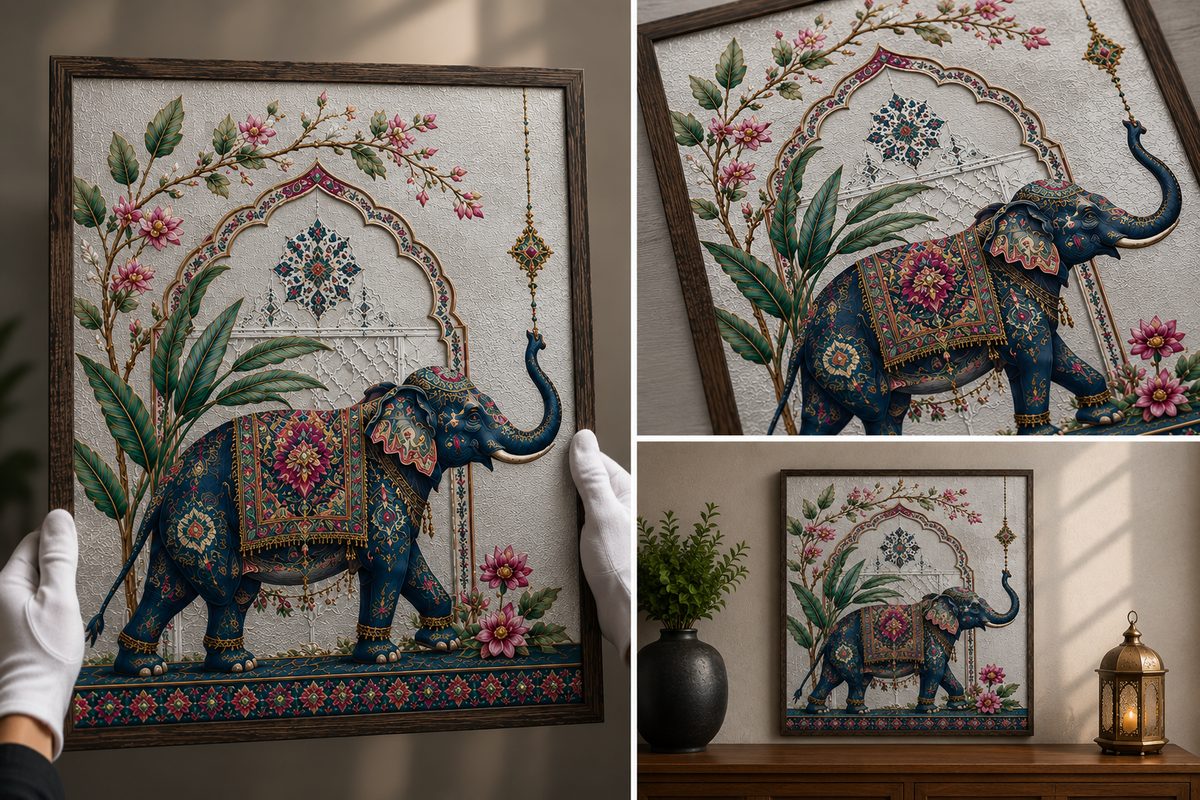 Luxury Royal Elephant Canvas Art – Premium Silver Metallic Mughal Arch Print - Image 3
