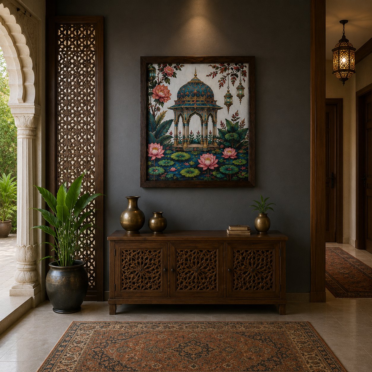 Luxury Mughal Pavilion Canvas Art – Premium Silver Metallic Lotus Garden Print - Image 3